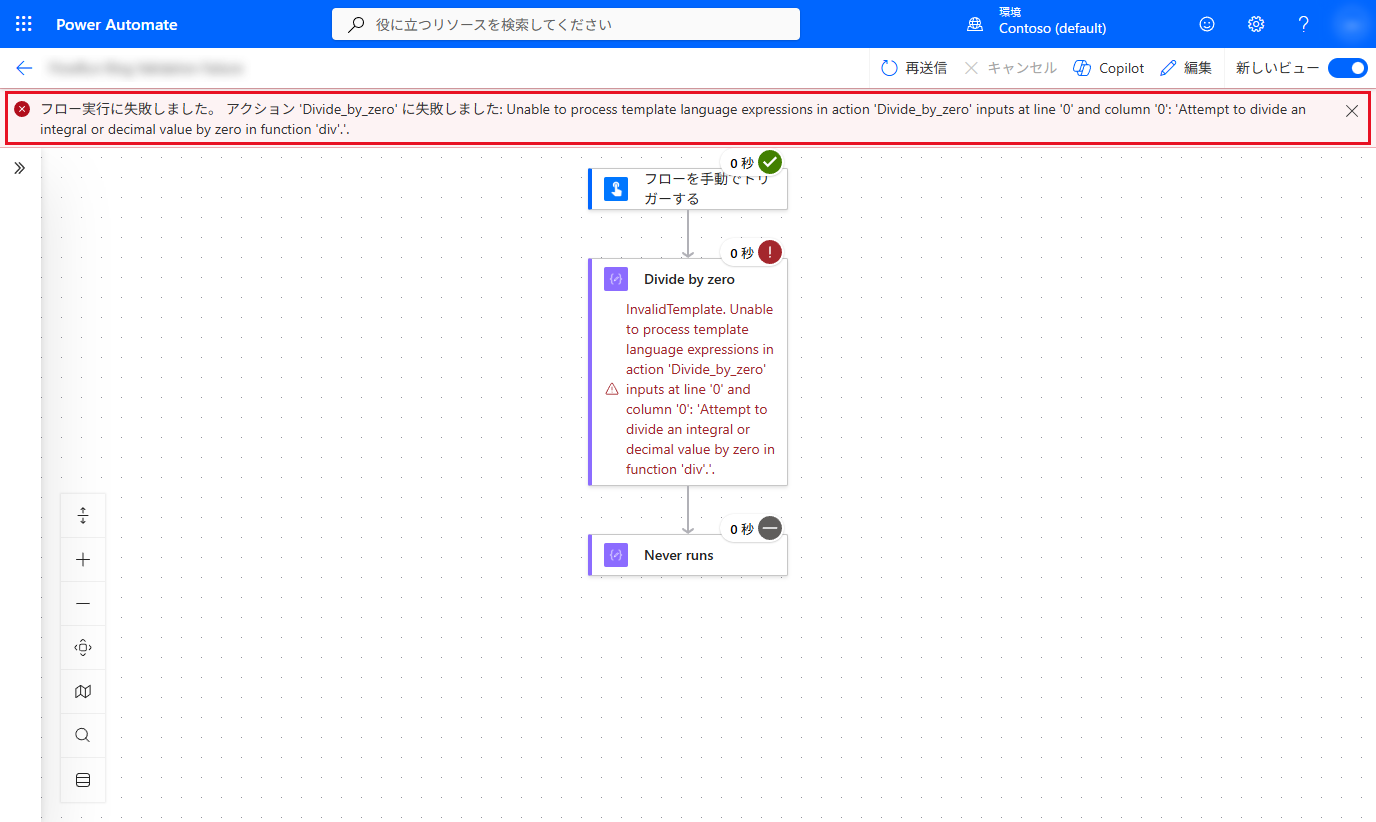Power Automate の実行詳細画面。上部に「フロー実行に失敗しました。アクション 'Divide_by_zero' に失敗しました」と失敗したアクション名とエラーの詳細が表示され、キャンバス上で該当アクションが失敗、後続アクションがスキップされている